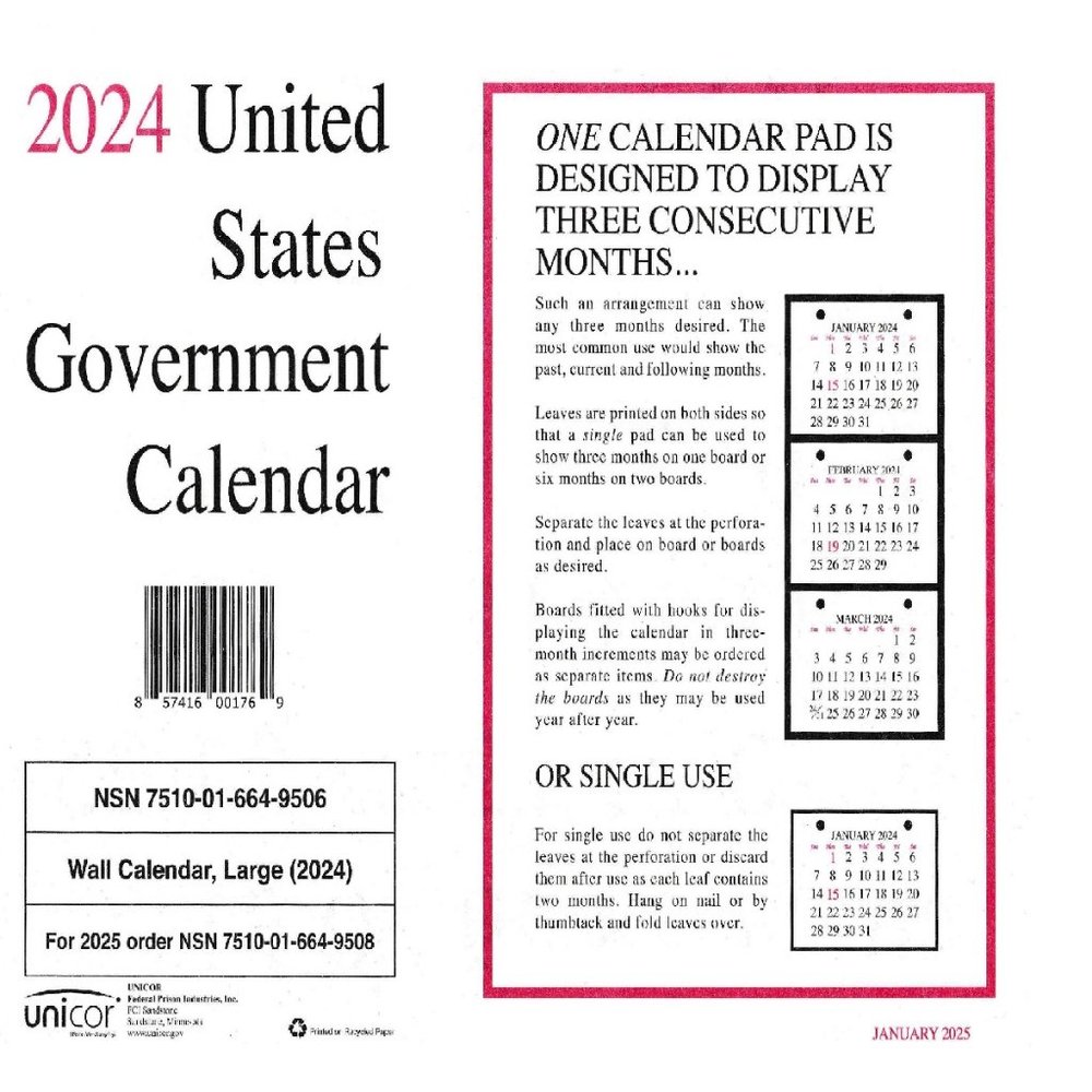 Unicor 2024 US Government Wall Calendar, Qty=1, Single Calendar